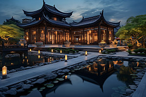 中国风酒店园林建筑效果图