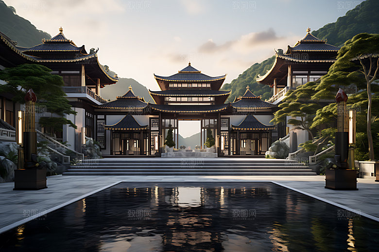 中国风酒店园林建筑效果图