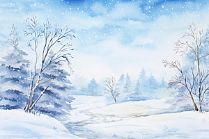 冬季雪景小清新手绘插画矢量素材