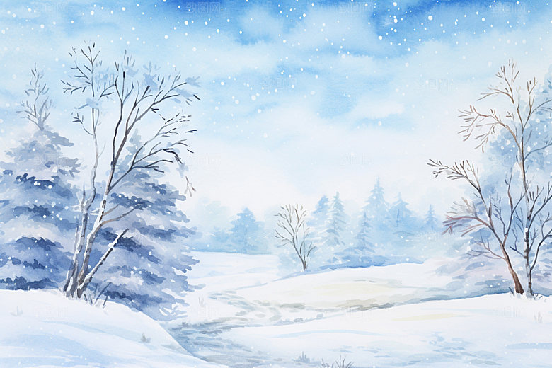 冬季雪景小清新手绘插画矢量素材