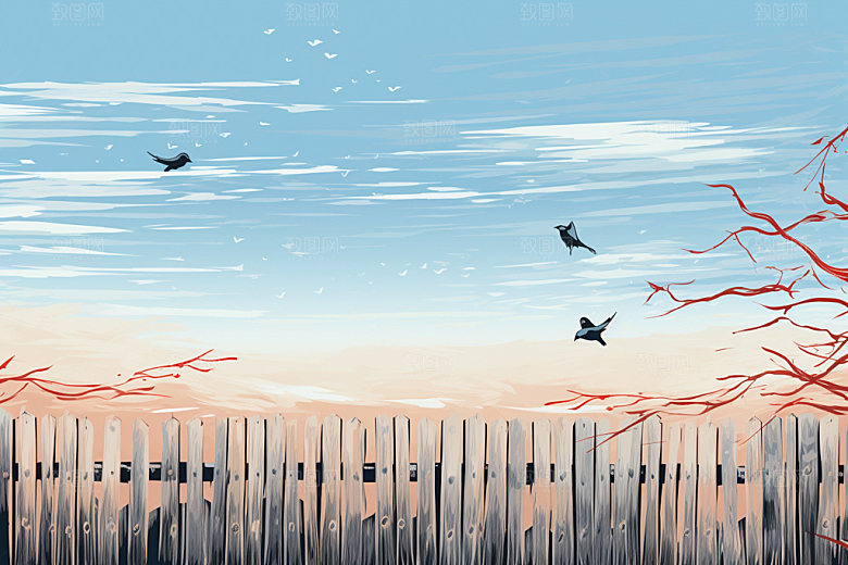 冬季雪景手绘插画蓝色矢量素材