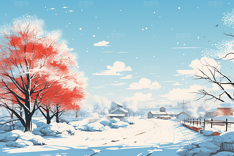 冬季雪景日出夜晚矢量素材