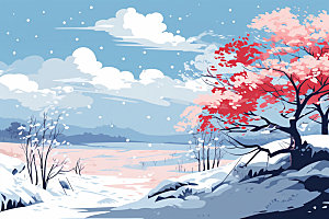 冬季雪景简约手绘插画矢量素材