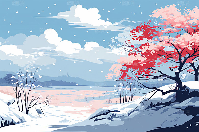 冬季雪景简约手绘插画矢量素材