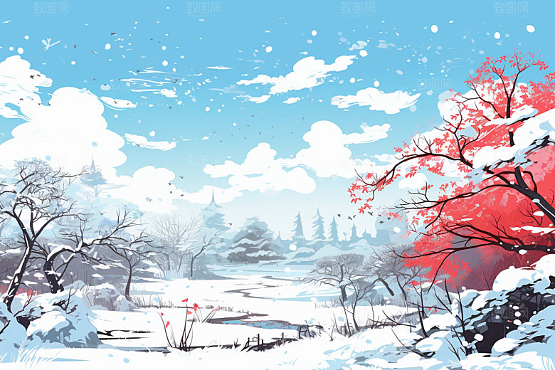 冬季雪景小清新空旷矢量素材