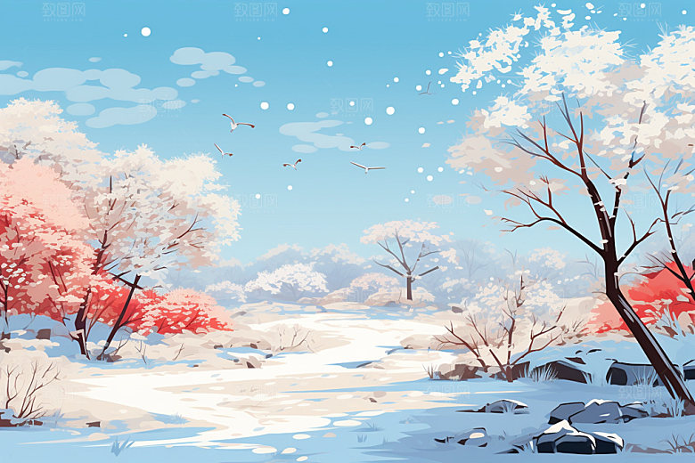 冬季雪景下雪日出矢量素材