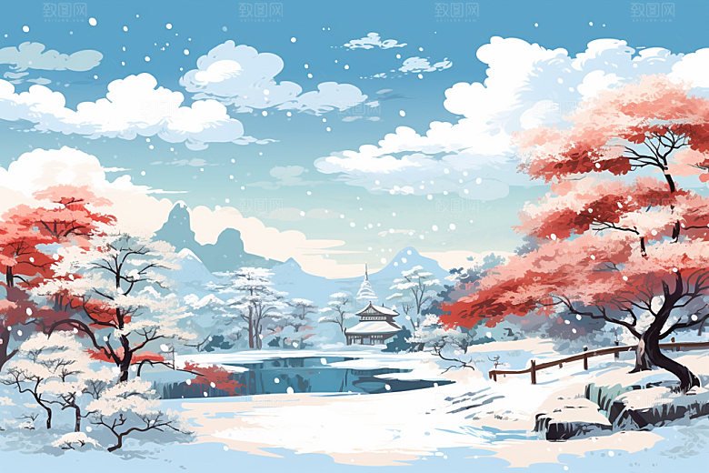 冬季雪景手绘插画蓝色矢量素材