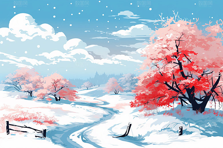 冬季雪景小清新手绘插画矢量素材