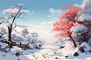 冬季雪景空旷手绘插画矢量素材