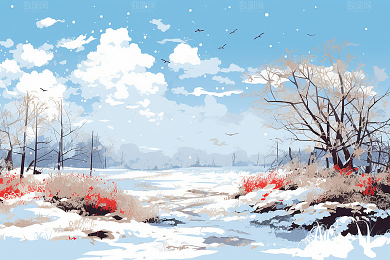 冬季雪景日出手绘插画矢量素材