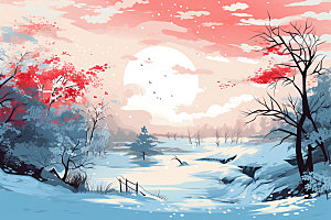 冬季雪景空旷手绘插画矢量素材