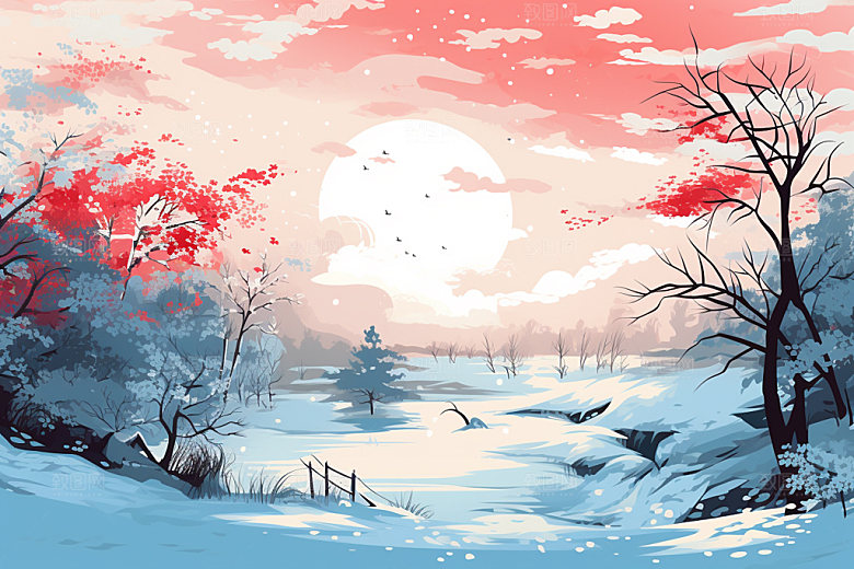 冬季雪景空旷手绘插画矢量素材