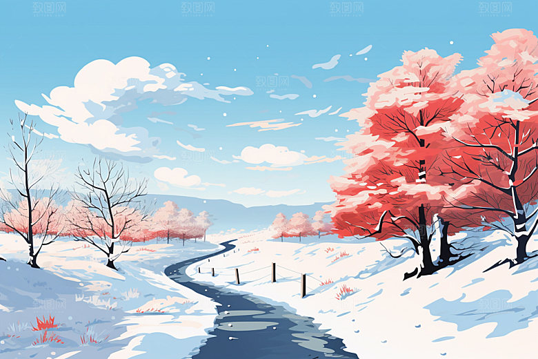 冬季雪景蓝色日出矢量素材