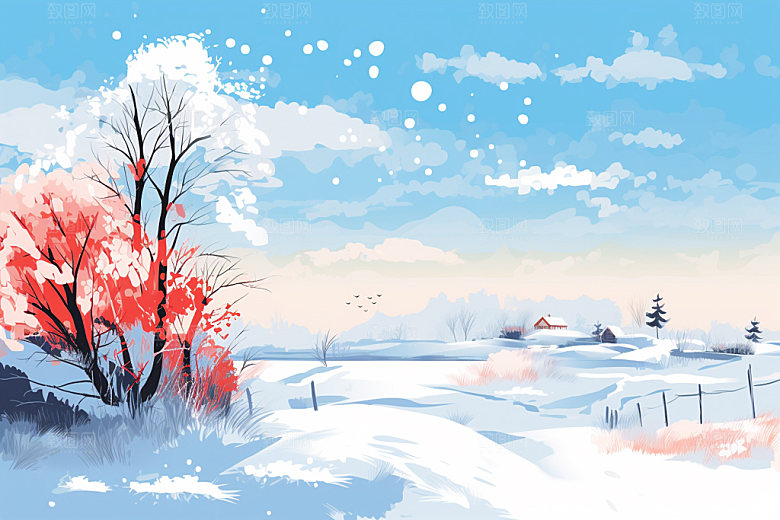 冬季雪景小清新场景背景矢量素材