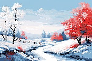 冬季雪景手绘插画夜晚矢量素材