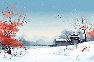 冬季雪景日出手绘插画矢量素材