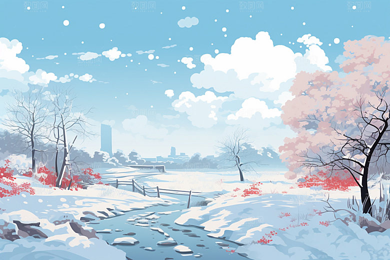 冬季雪景空旷手绘插画矢量素材