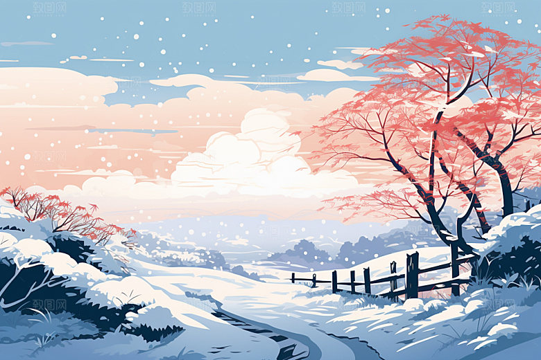 冬季雪景日出简约矢量素材