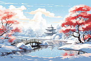冬季雪景场景背景手绘插画矢量素材