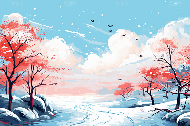 冬季雪景场景背景夜晚矢量素材