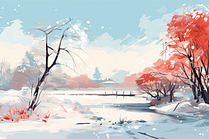 冬季雪景手绘插画空旷矢量素材
