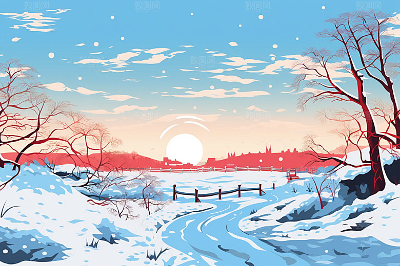 冬季雪景小清新蓝色矢量素材