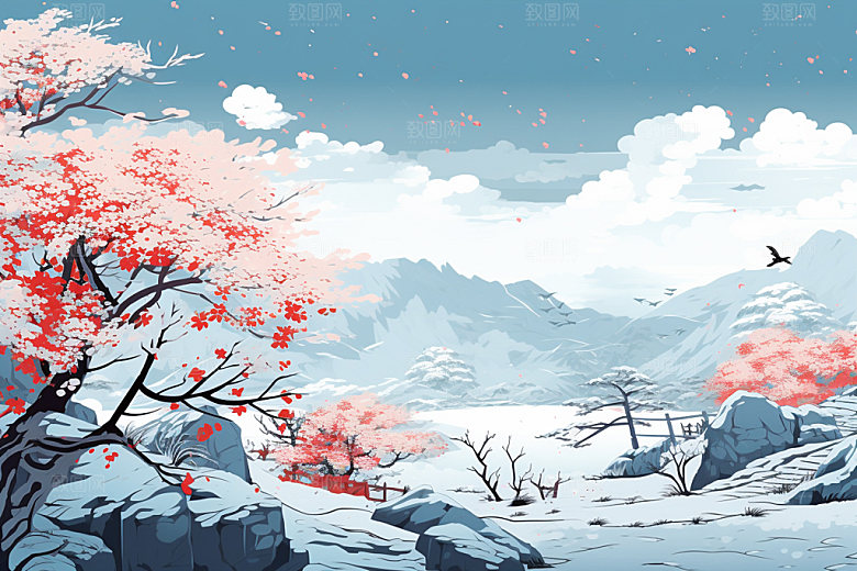 冬季雪景日出场景背景矢量素材