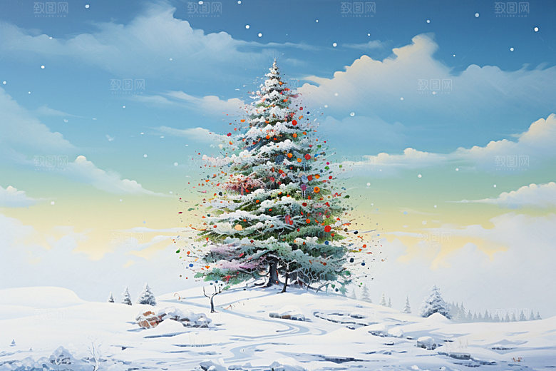 冬季雪景蓝色手绘插画矢量素材
