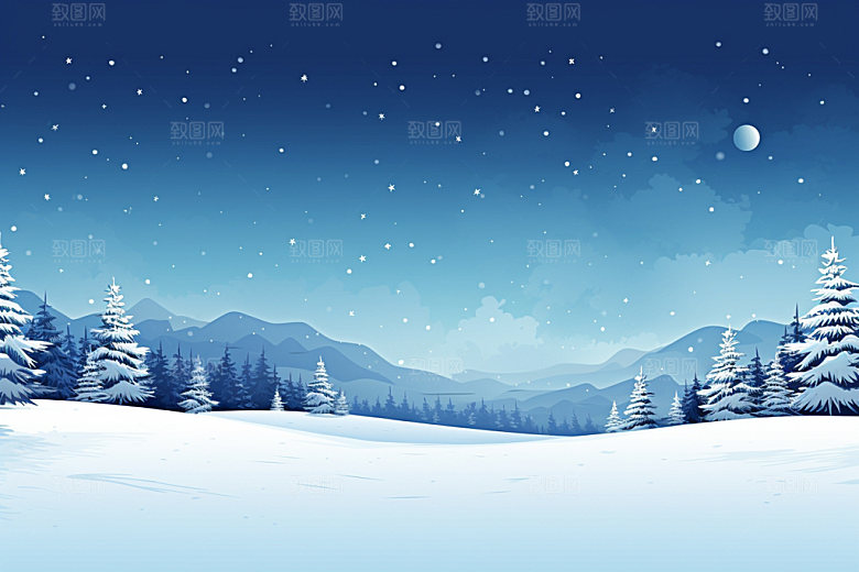 冬季雪景日出小清新矢量素材