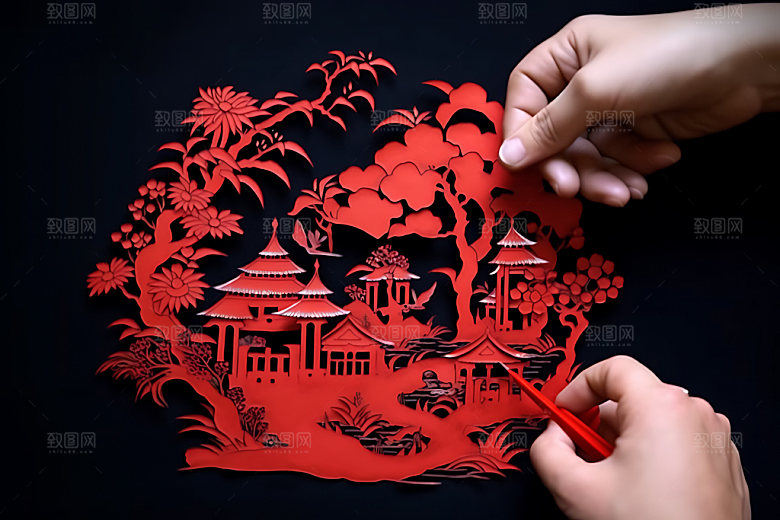 剪纸窗花手工艺摄影图