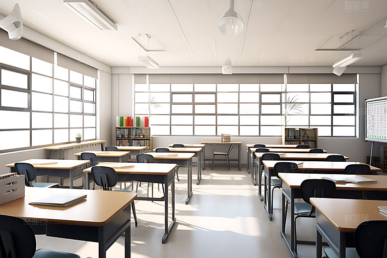 学校教室室内课桌椅摄影图