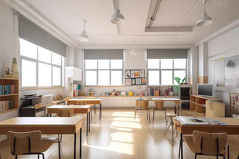 学校教室教学空间课桌椅摄影图