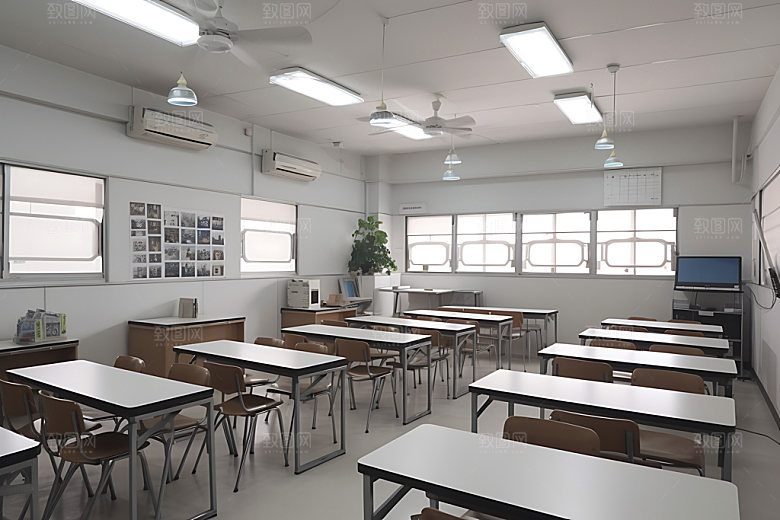 学校教室课桌椅学习环境摄影图
