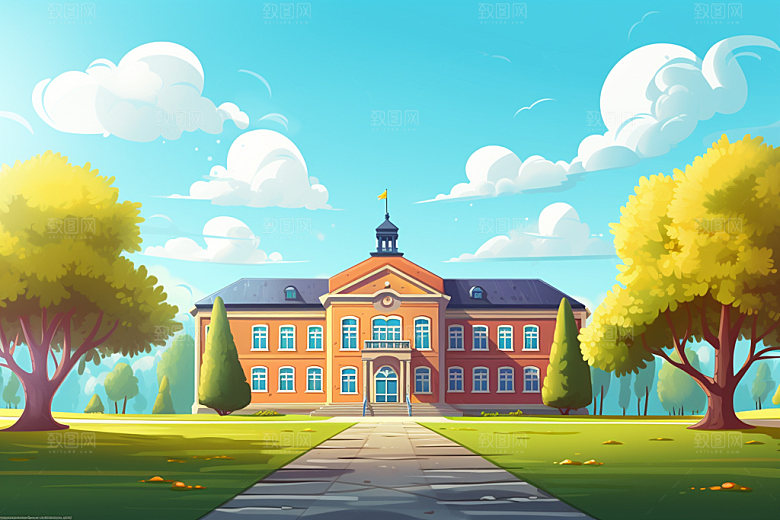 校园开学教学楼场景插画