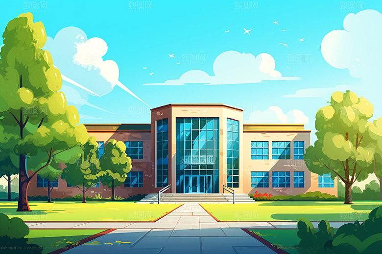 校园教学楼学校场景插画