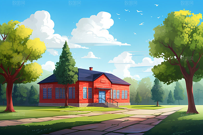 校园学习教学楼场景插画