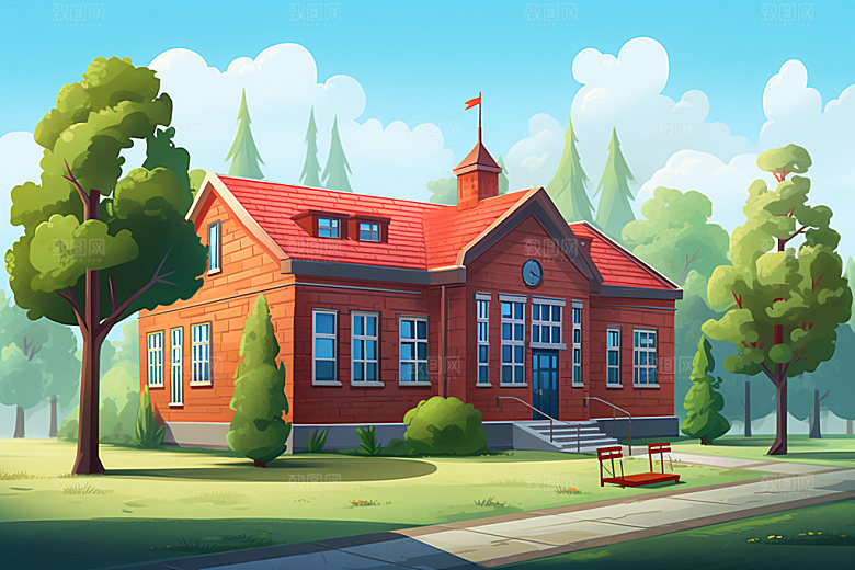 校园学习教学楼场景插画