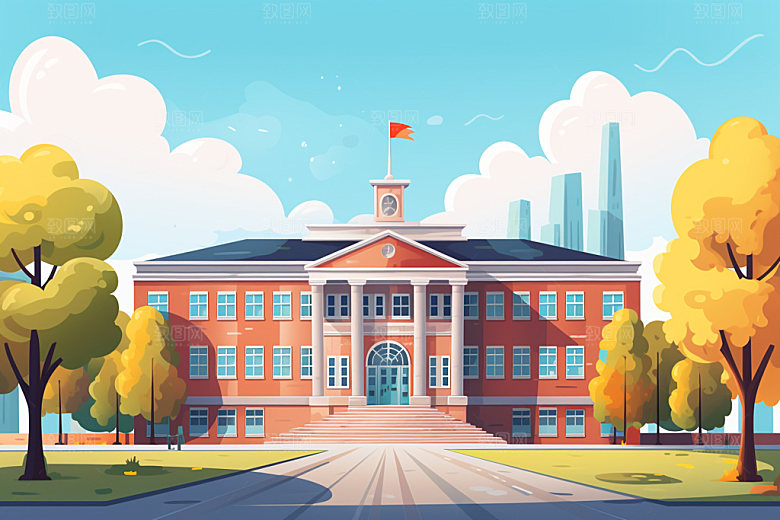 校园开学学校场景插画