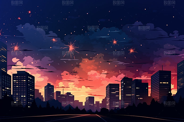 节日烟花焰火国庆插画