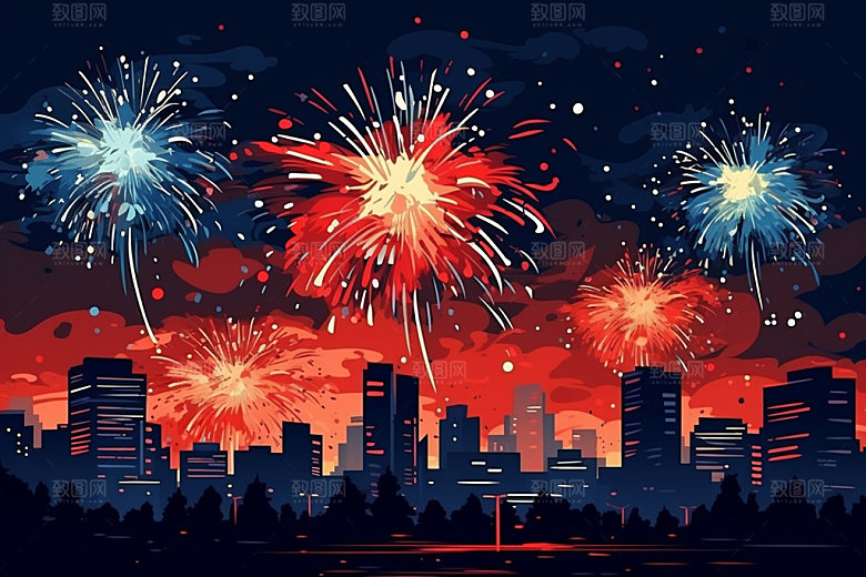 节日烟花庆祝新年插画