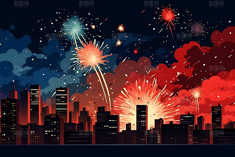 节日烟花庆祝氛围插画