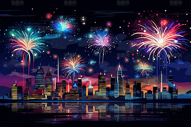 节日烟花国庆夜晚插画