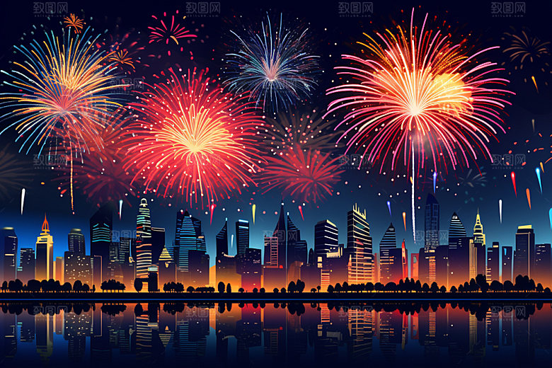 节日烟花庆祝夜晚插画