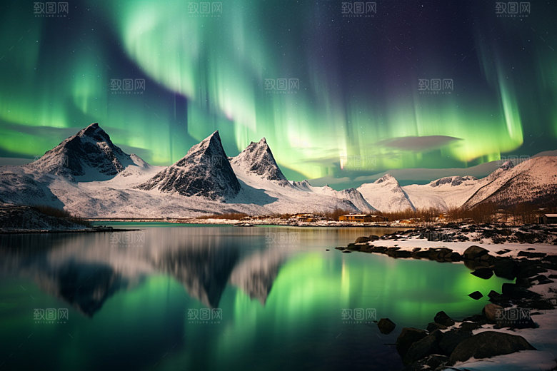 极光雪地风景摄影图