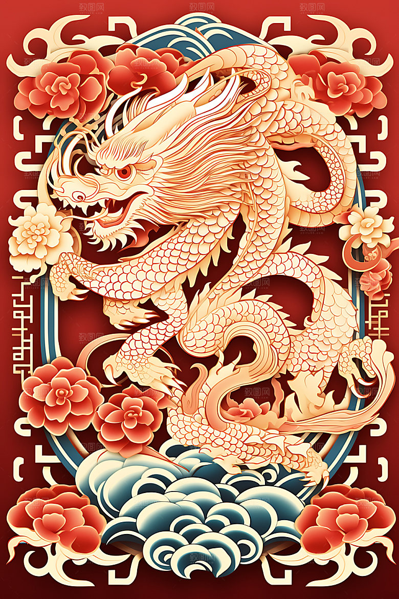 中国龙雕花十二生肖剪纸