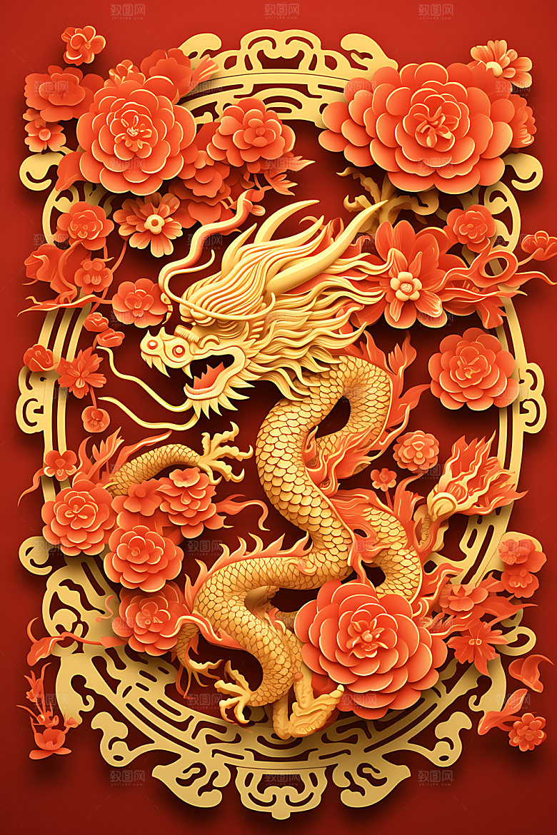 中国龙雕花蟠龙剪纸