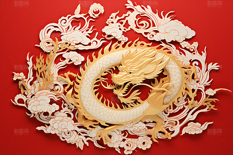 中国龙龙年喜庆剪纸