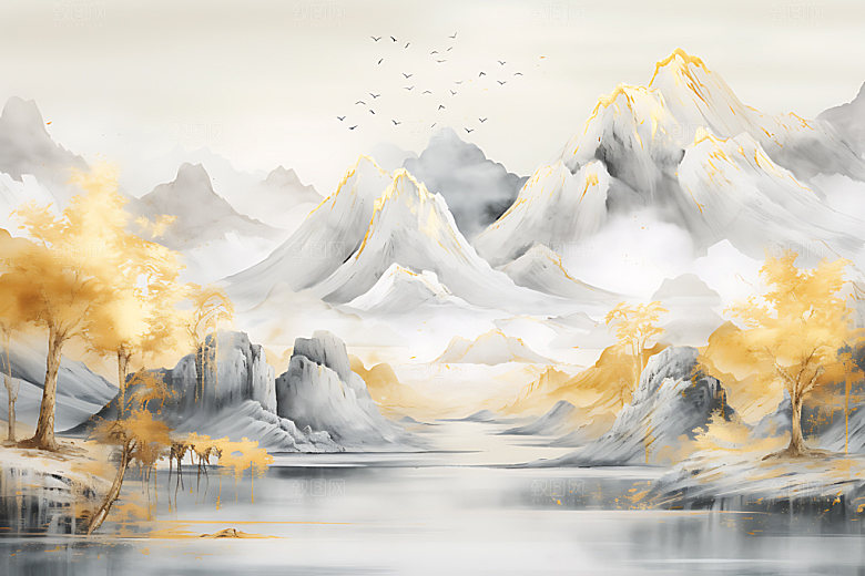 金箔山水中式风格雅致装饰画