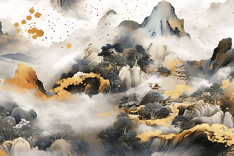 金箔山水雅致中式风格装饰画