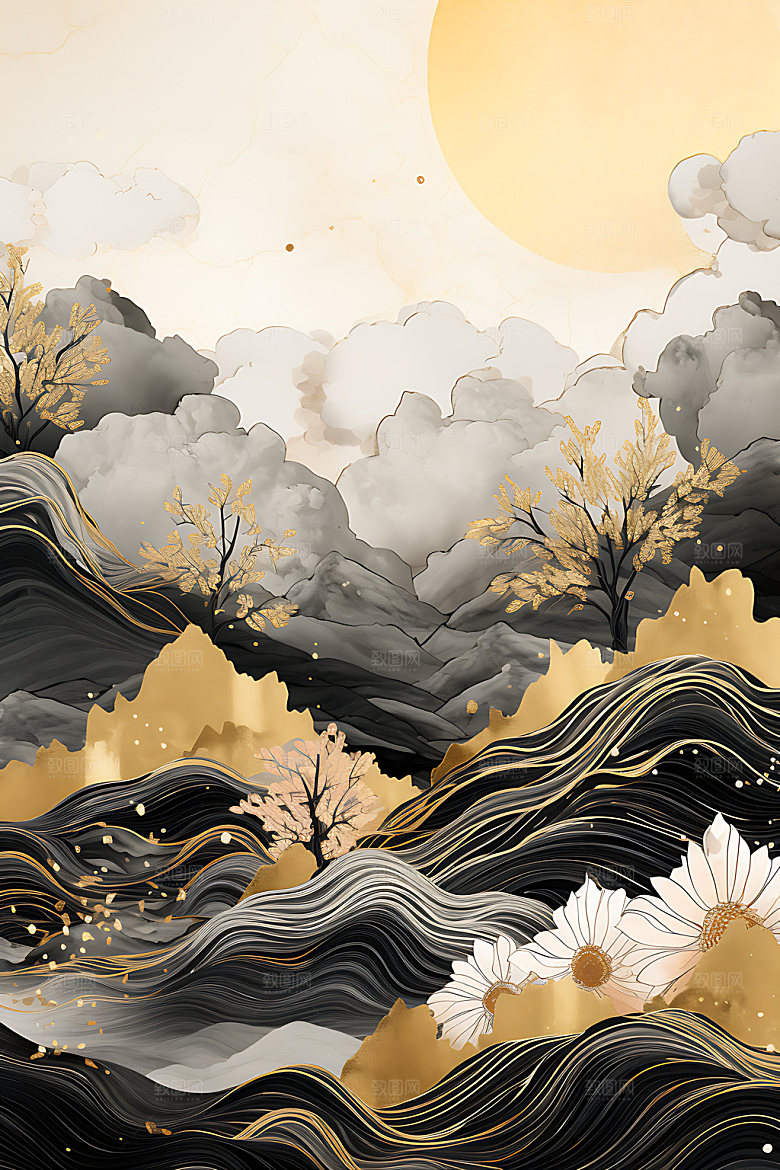 金箔山水中式风格雅致装饰画